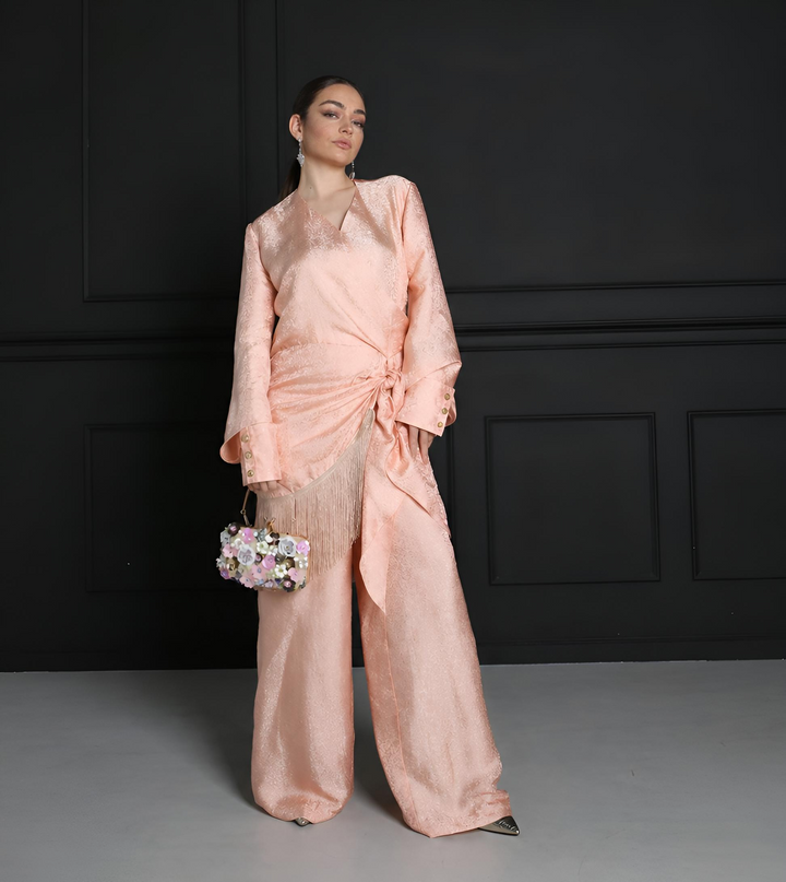 Luxury Floral Print Natural Silk Fringe Trousers Ensemble