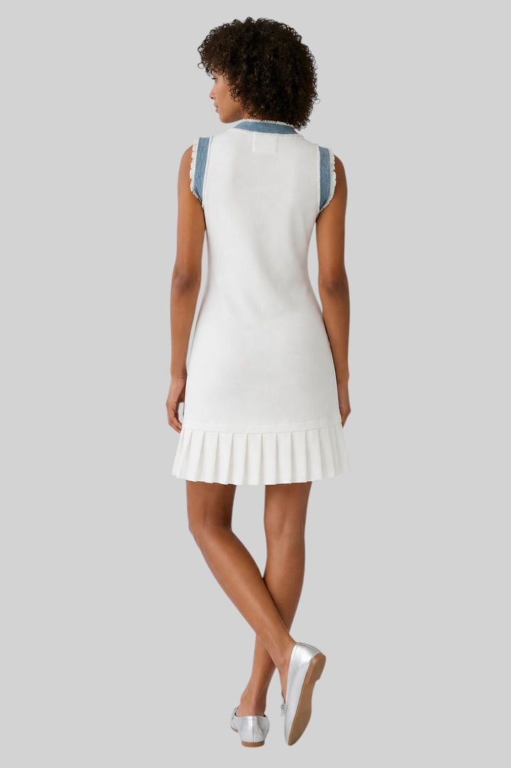 Frayed Denim Trim Pleated Shift Dress