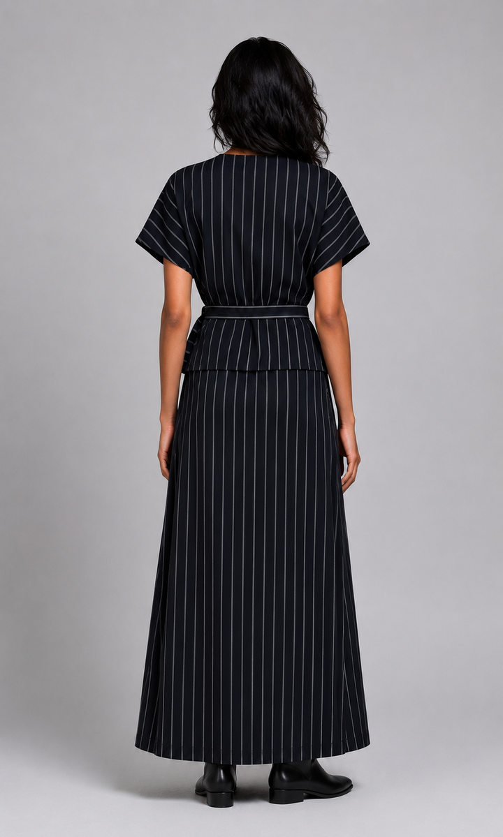 Pinstripe Maxi Skirt Ensemble with Floral Appliqué