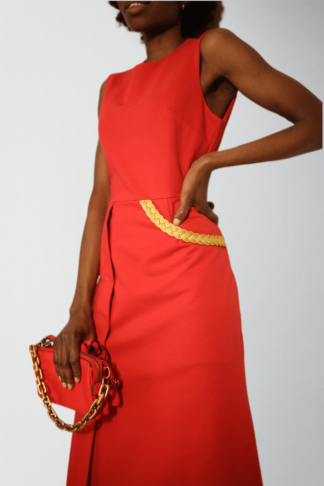 Luxury cotton dress with gold metallic braid trim - Baleni