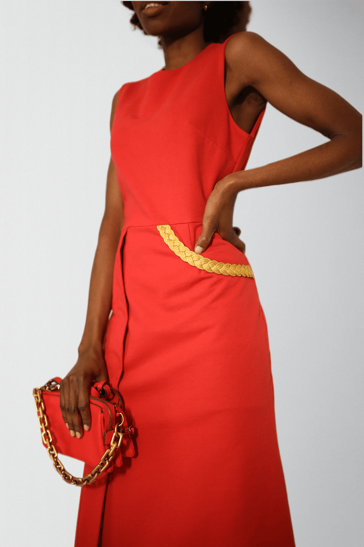 Luxury cotton dress with gold metallic braid trim - Baleni