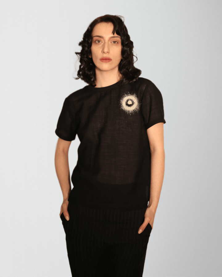 Crew-Neck Woven Wool Blouse