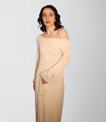 Bamboo ultra soft knit jersey ecru dress with lining