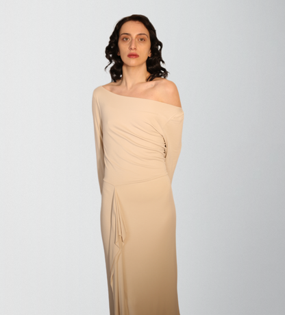 Bamboo ultra soft knit jersey ecru dress with lining