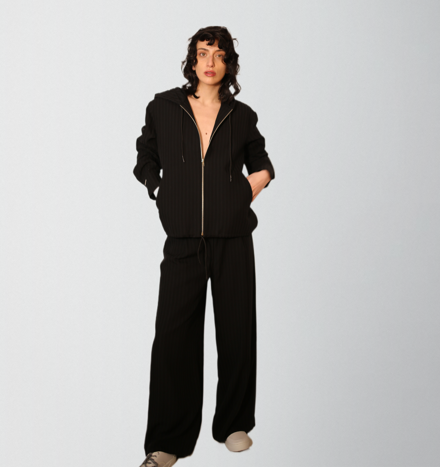 Classy striped woven tracksuit with high waist wide leg pants