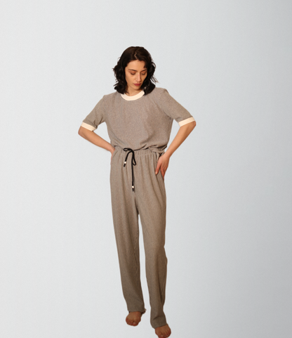 Organic cotton striped casual pants outfit