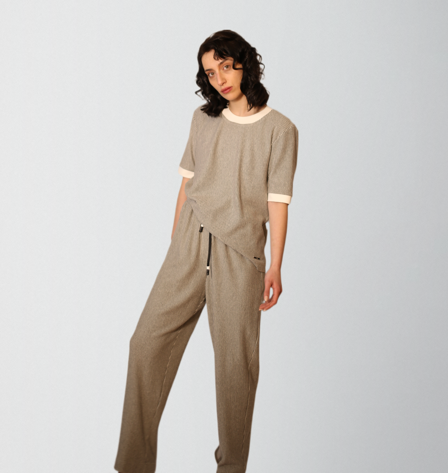 Organic cotton striped casual pants outfit