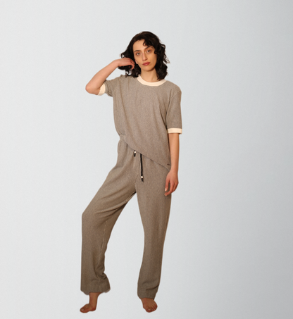 Organic cotton striped casual pants outfit