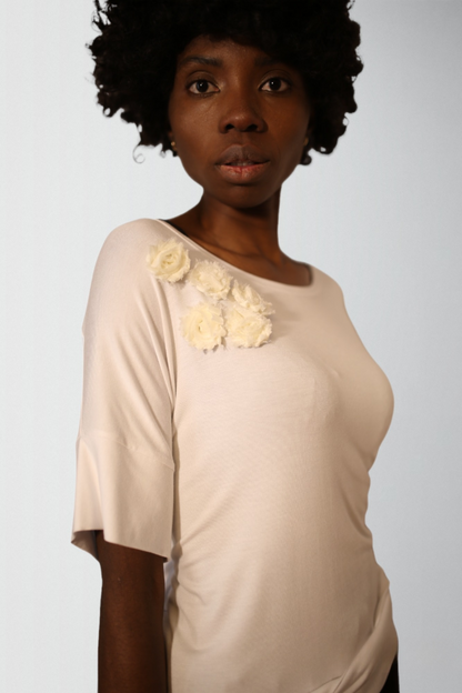 Hemp spandex french terry top with handmade flowers