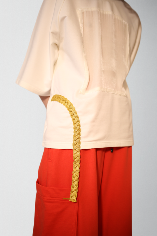 Cotton elastane top with soft silk velvet & gold metallic braid trim