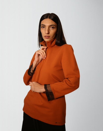 Organic cotton french terry turtleneck sweater with laced arms