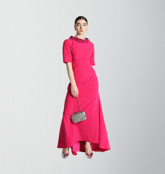 Luxury evening fuschia dress made with handmade neck crystals