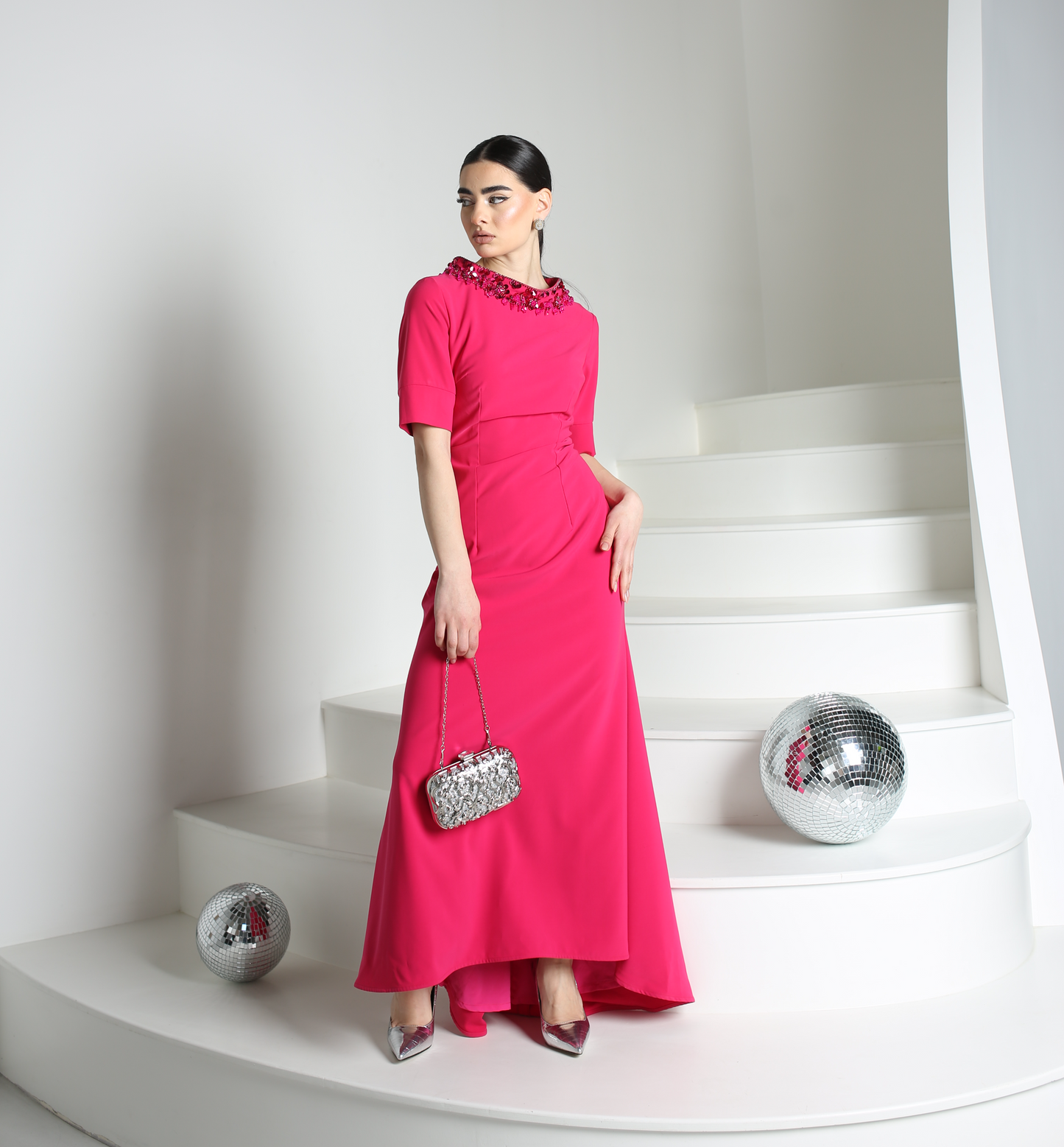 Luxury evening fuschia dress made with handmade neck crystals