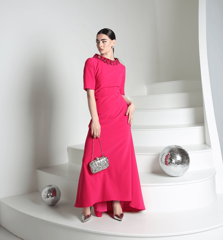 Luxury evening fuschia dress made with handmade neck crystals - Baleni