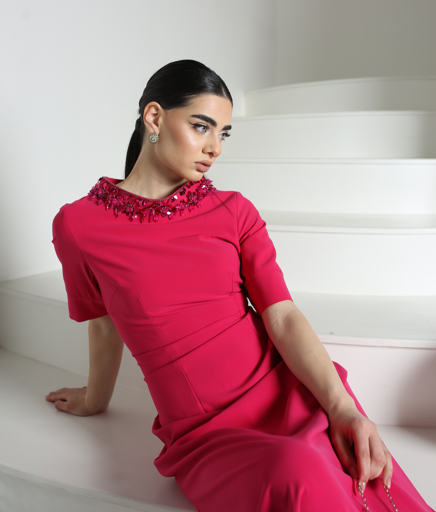 Luxury evening fuschia dress made with handmade neck crystals