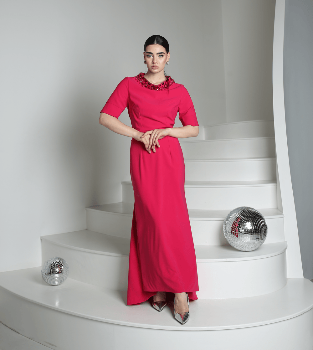 Luxury evening fuschia dress made with handmade neck crystals - Baleni