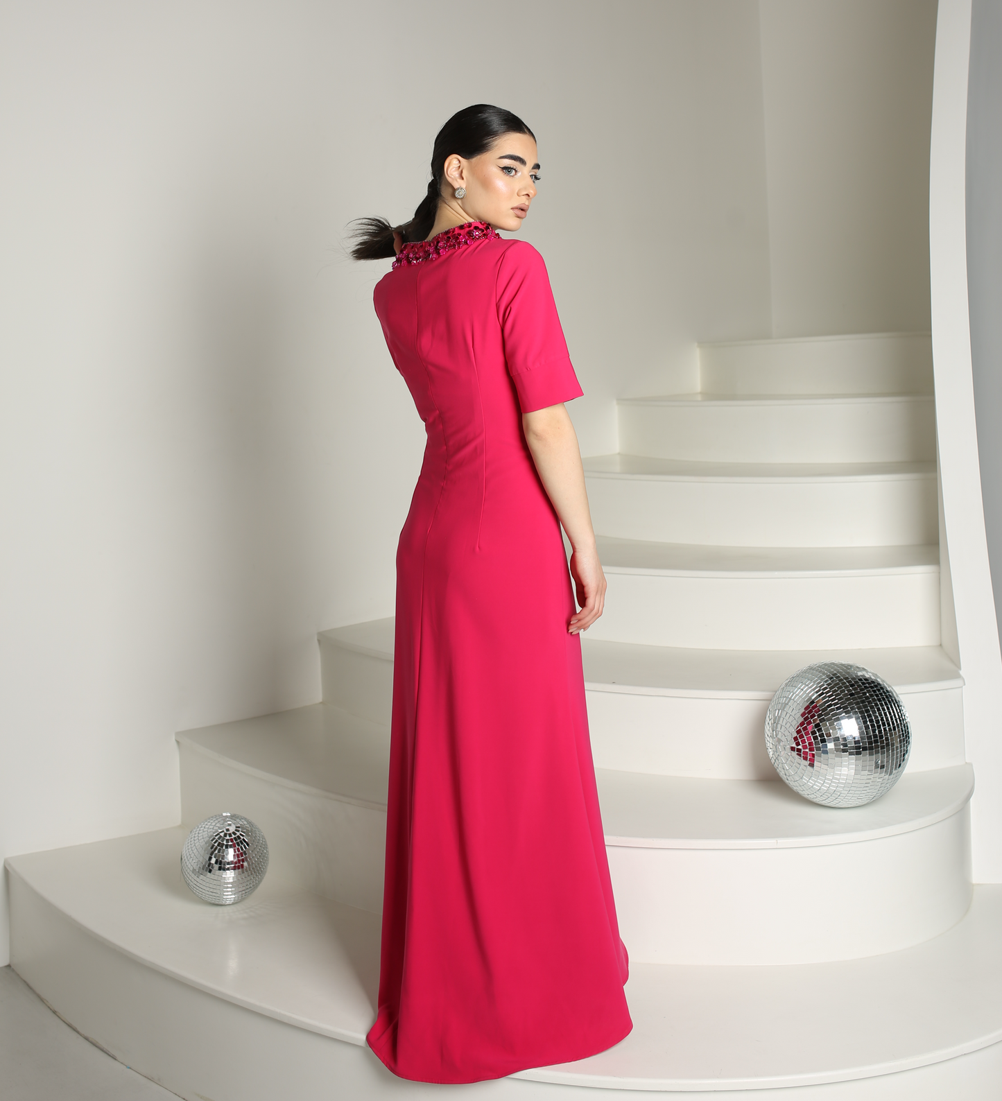 Luxury evening fuschia dress made with handmade neck crystals