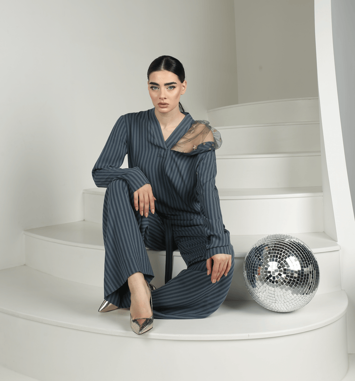 High quality striped woven pants ensemble with luxurious starry tulle - Baleni