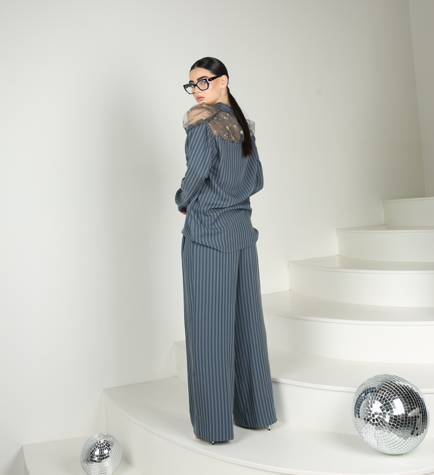 High quality striped woven pants ensemble with luxurious starry tulle