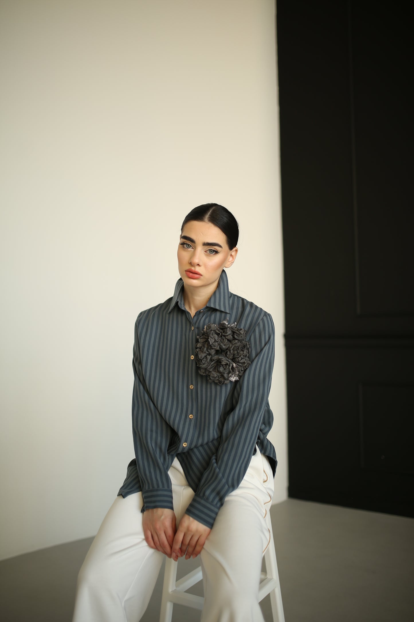 Two tone striped tencel lyocell twill elegant shirt  with a large handmade flower brooch