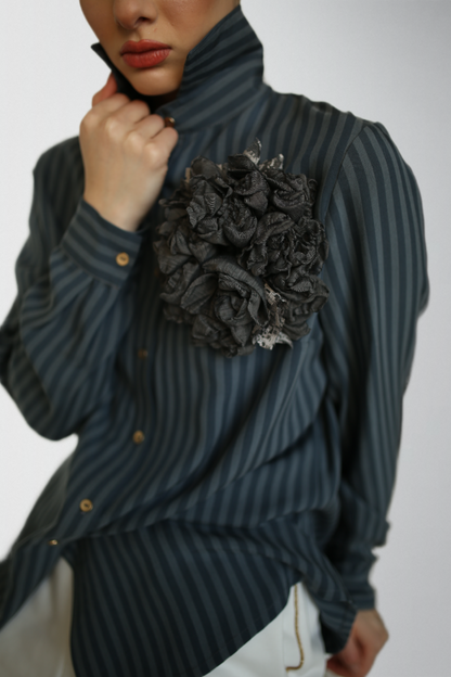 Two tone striped tencel lyocell twill elegant shirt  with a large handmade flower brooch