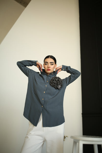 Two tone striped tencel lyocell twill elegant shirt  with a large handmade flower brooch