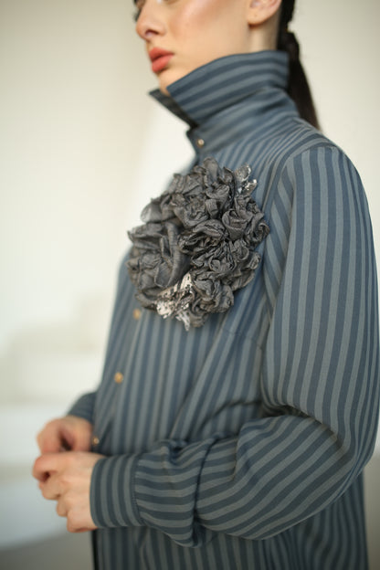 Two tone striped tencel lyocell twill elegant shirt  with a large handmade flower brooch