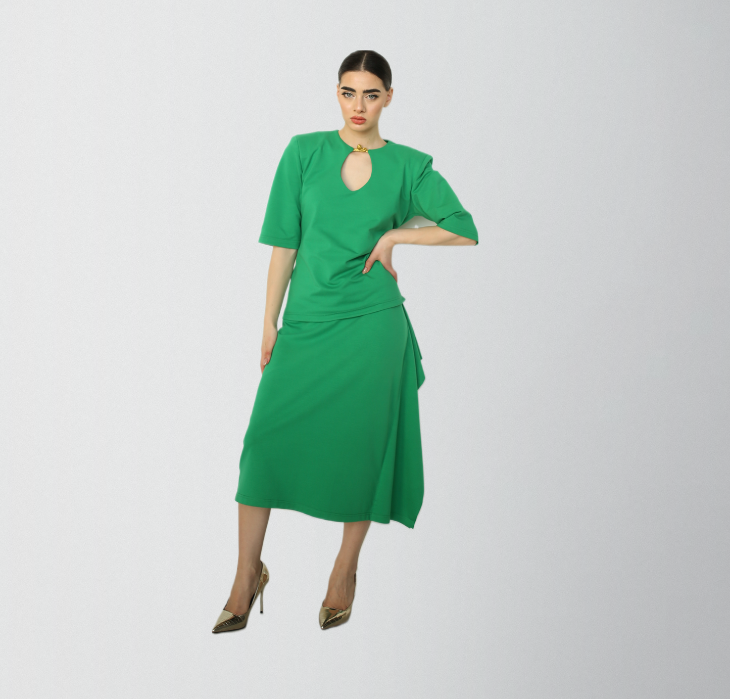 Cotton green elegant skirt ensemble with gold satin frog closure