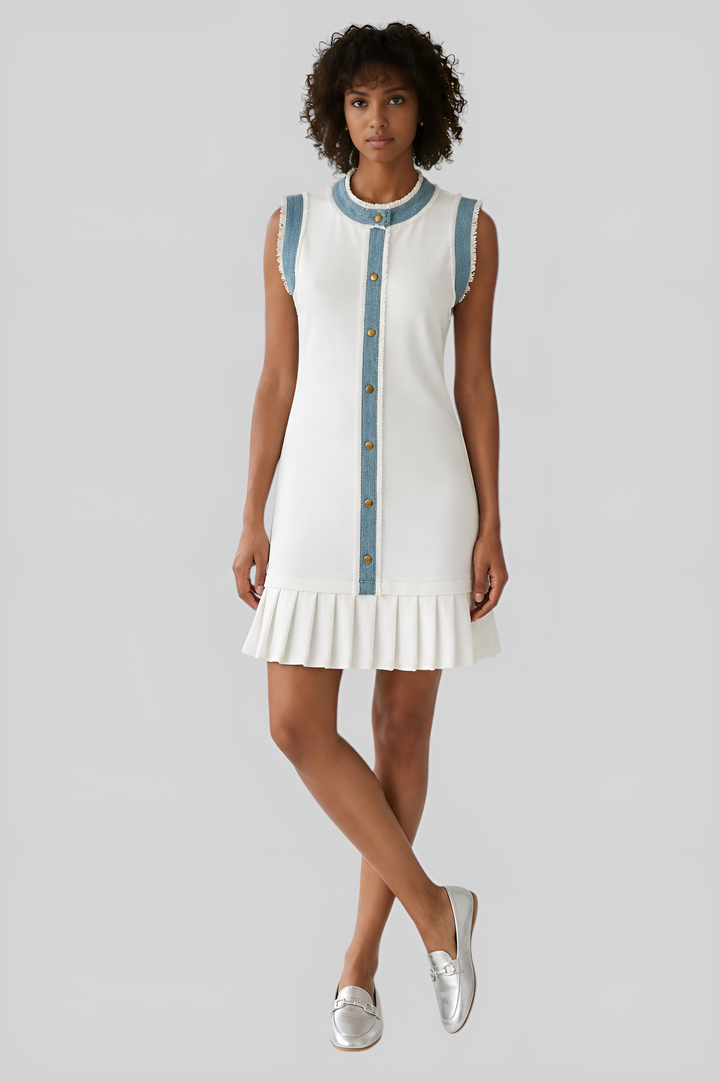 Frayed Denim Trim Pleated Shift Dress