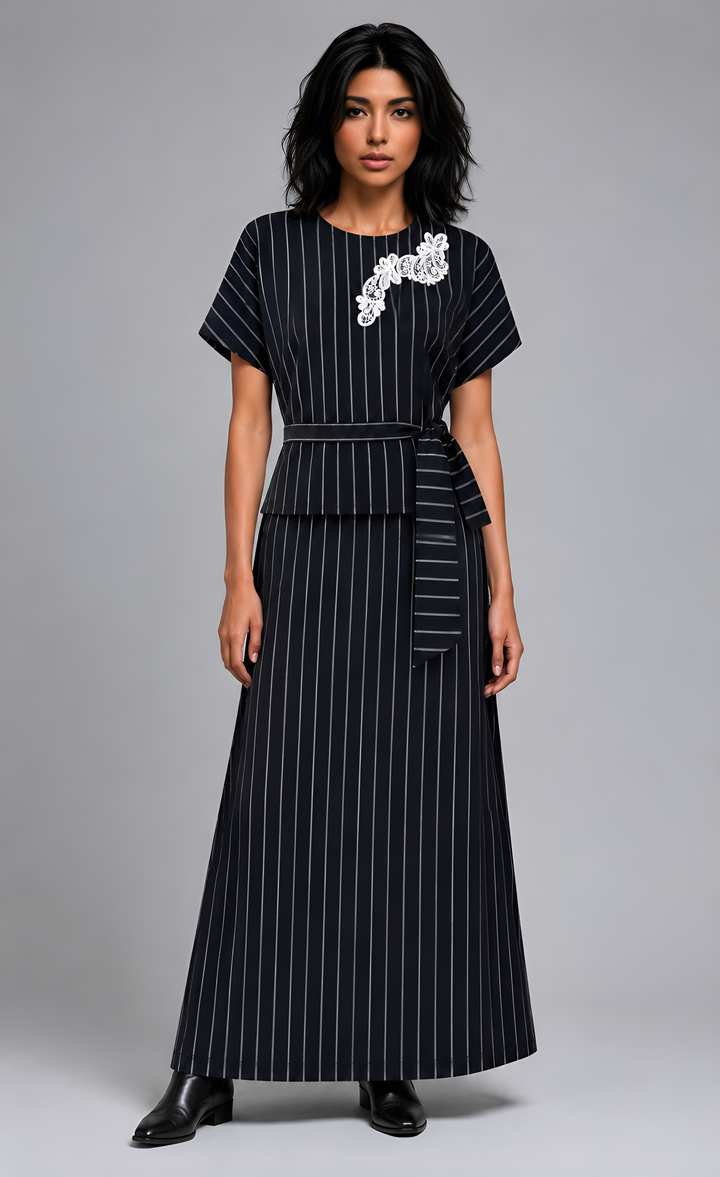 Pinstripe Maxi Skirt Ensemble with Floral Appliqué