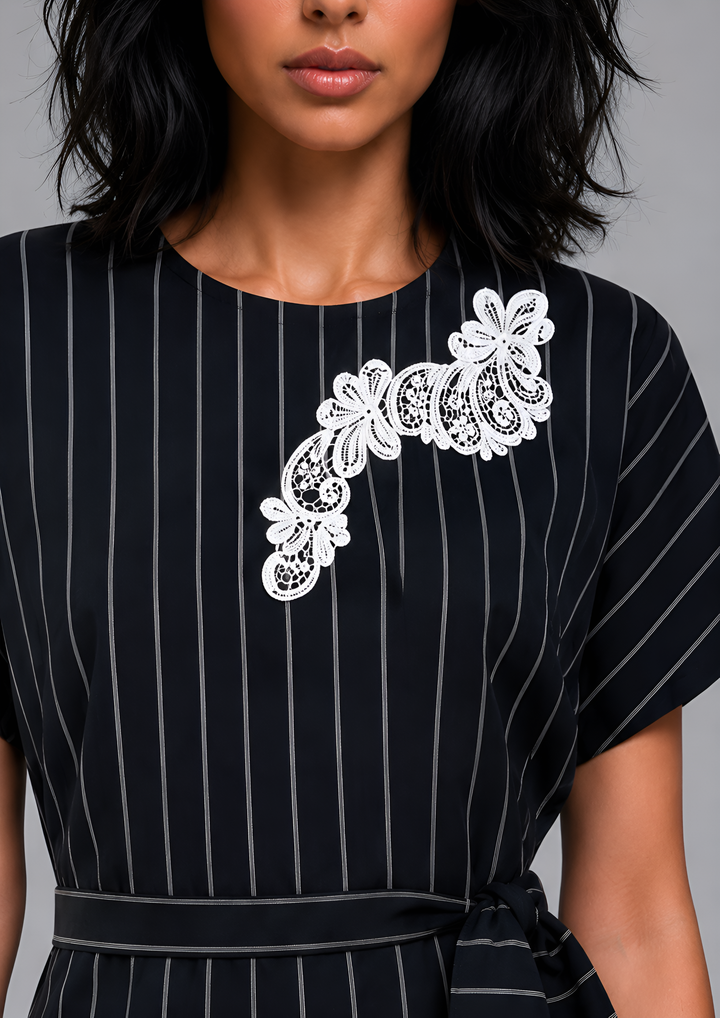 Pinstripe Maxi Skirt Ensemble with Floral Appliqué