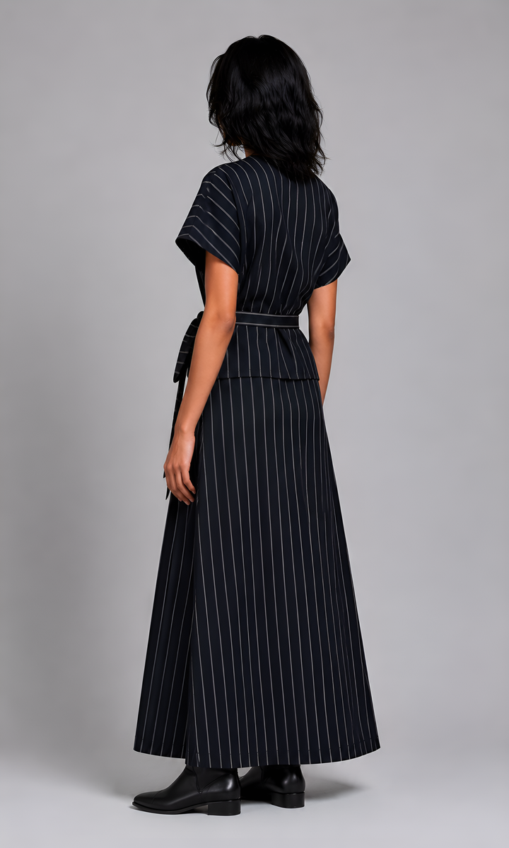 Pinstripe Maxi Skirt Ensemble with Floral Appliqué