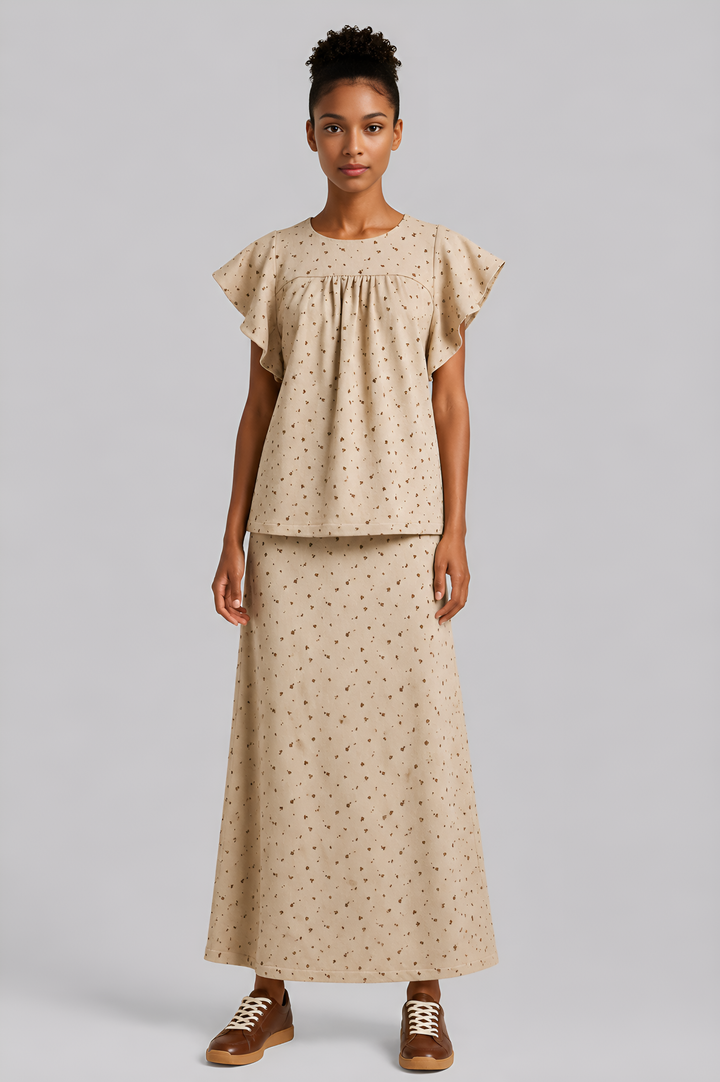 Flutter-Sleeve Blouse & Maxi Skirt Ensemble