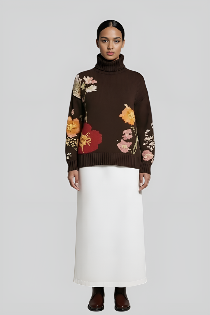 Hand-Embroidered Oversized Turtleneck Sweater
