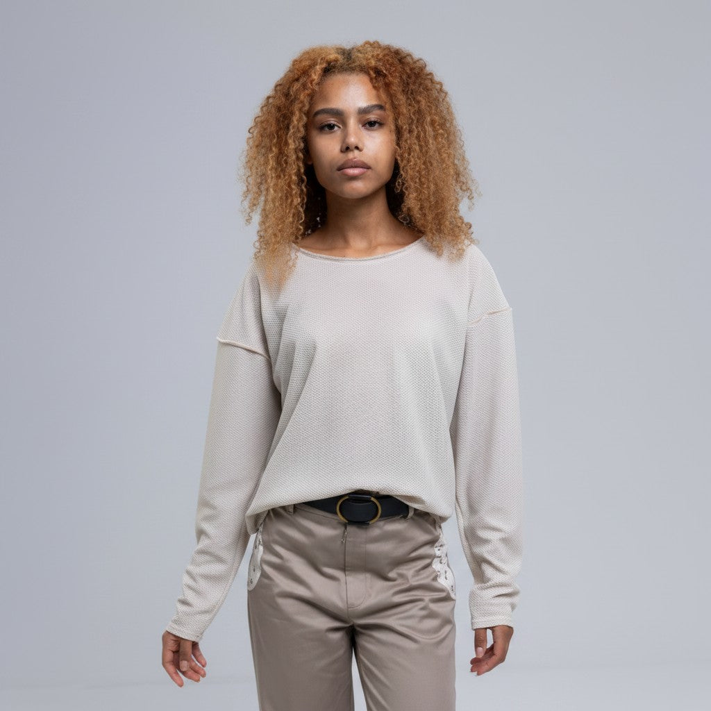 Mesh Boat-Neck Woven Organic Cotton Blouse