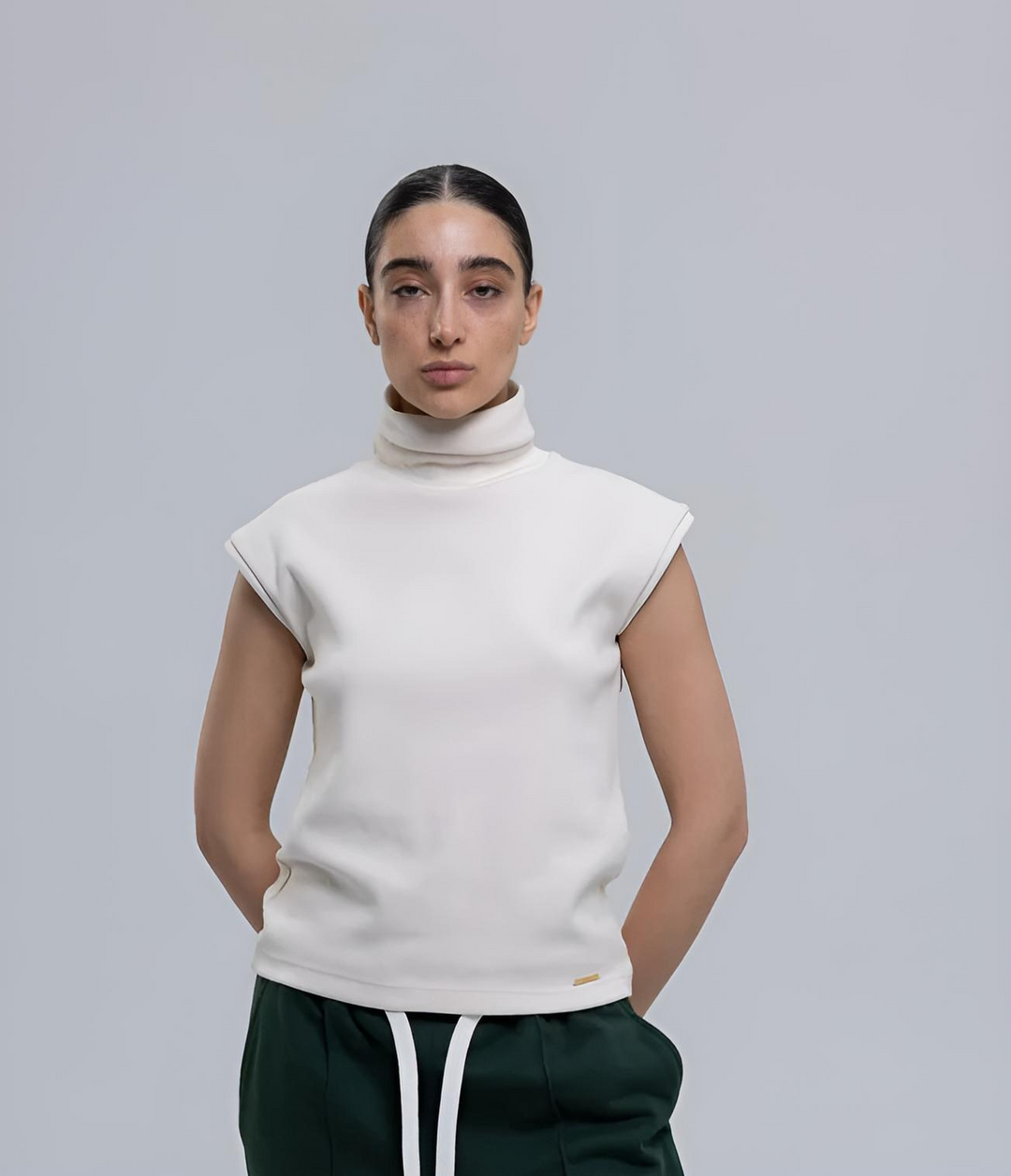 Ribbed Cotton Sleeveless Turtleneck Top