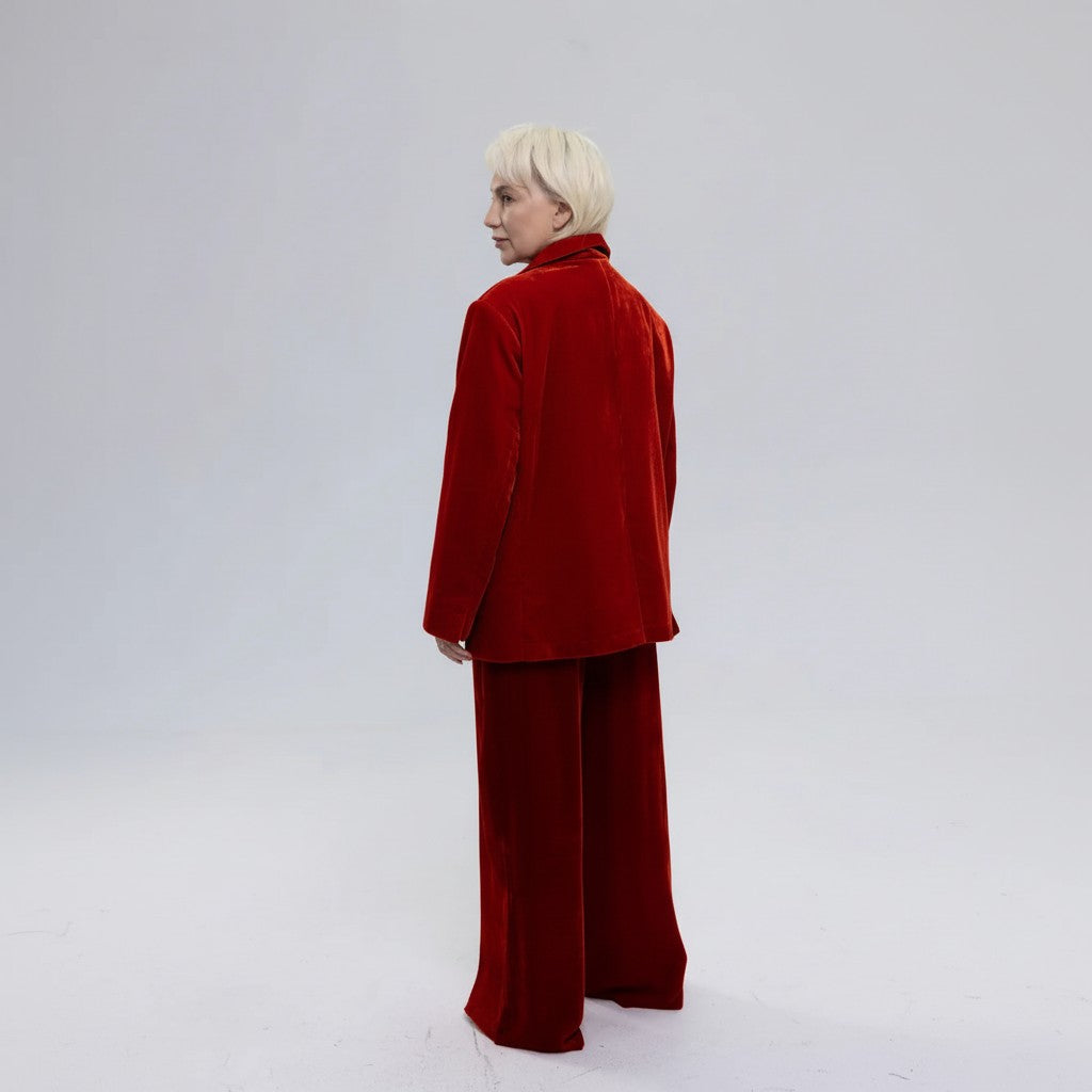 Single-Breasted Mulberry Silk Velvet Trousers Ensemble