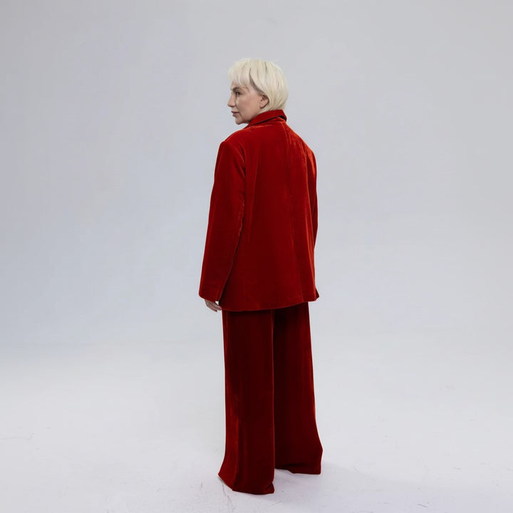 Single-Breasted Mulberry Silk Velvet Trousers Ensemble