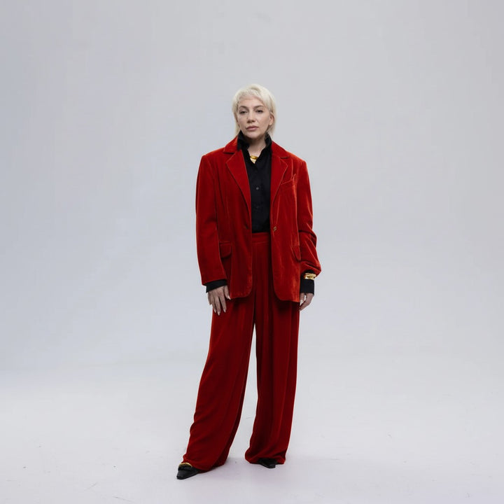 Single-Breasted Mulberry Silk Velvet Trousers Ensemble