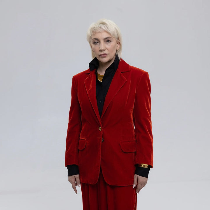 Single-Breasted Mulberry Silk Velvet Trousers Ensemble