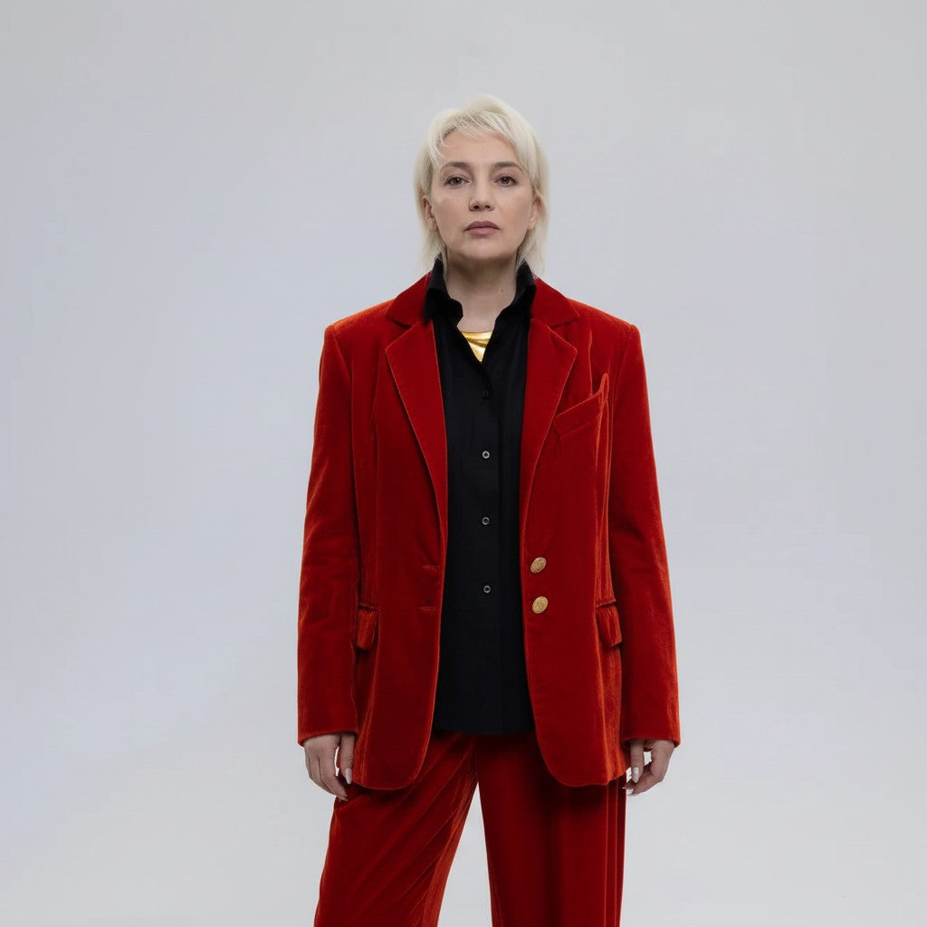 Single-Breasted Mulberry Silk Velvet Trousers Ensemble