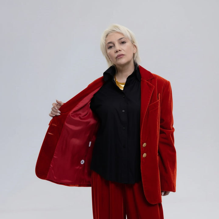 Single-Breasted Mulberry Silk Velvet Trousers Ensemble