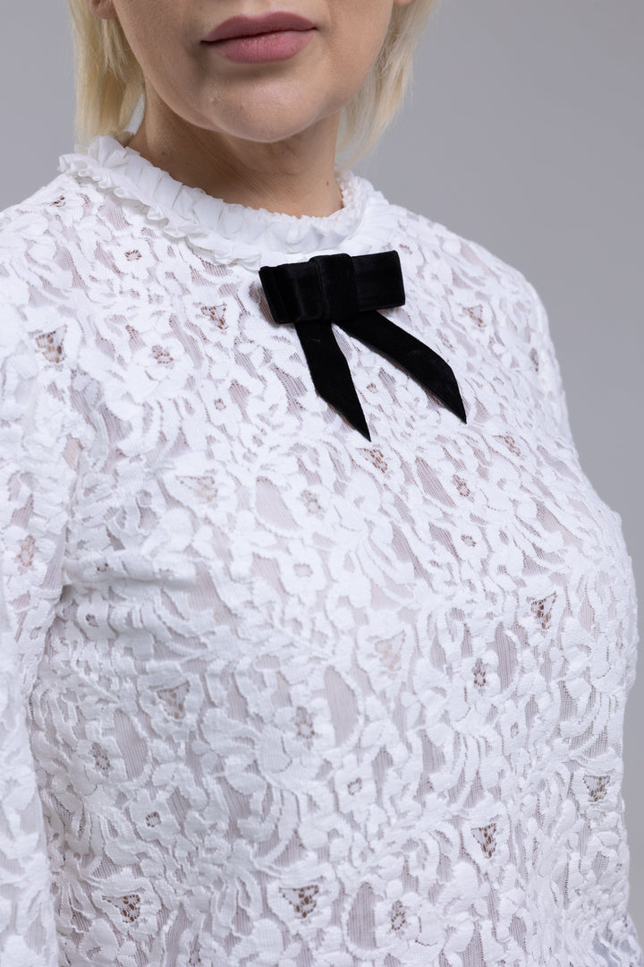 Velvet Bow Tie Thick Lace Blouse