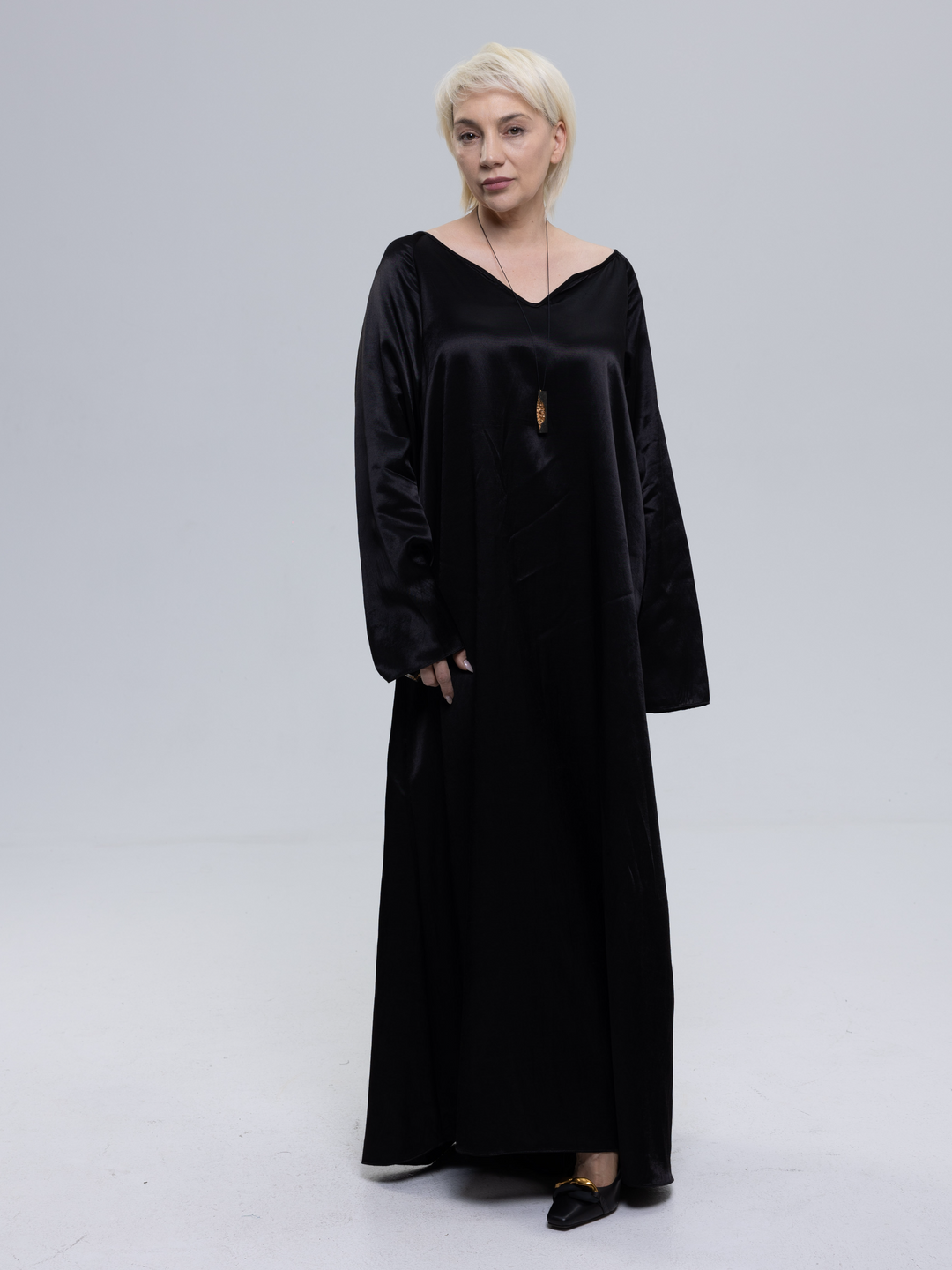Viscose Satin V-Neck Maxi Dress