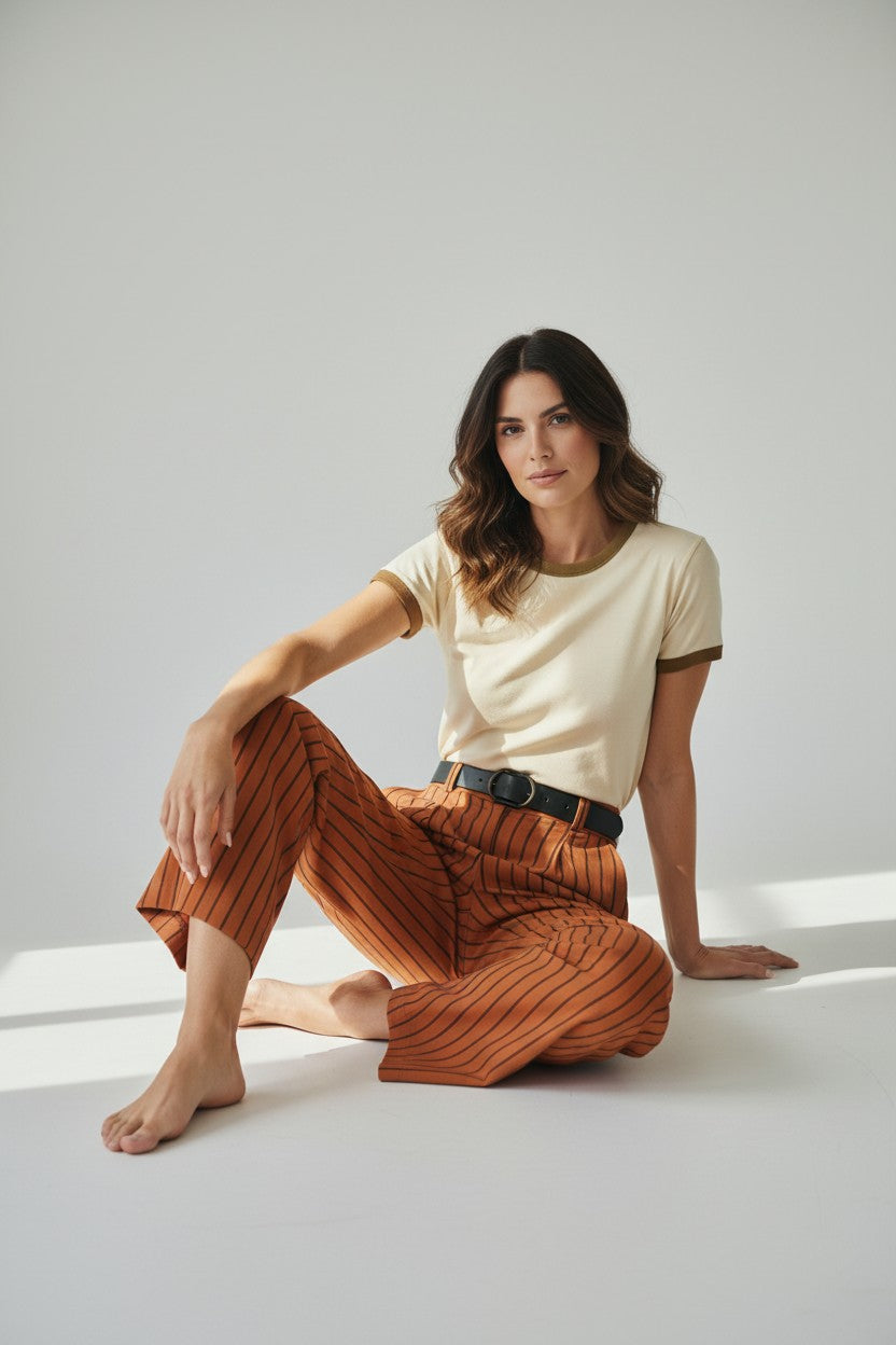 Wide-Leg Striped Cotton Trousers