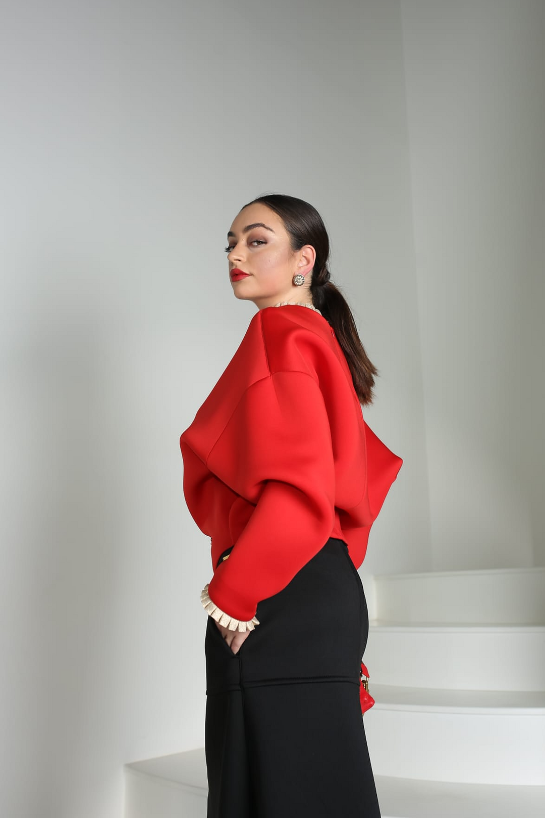 Pleated Trim Light Space Cotton Blouse