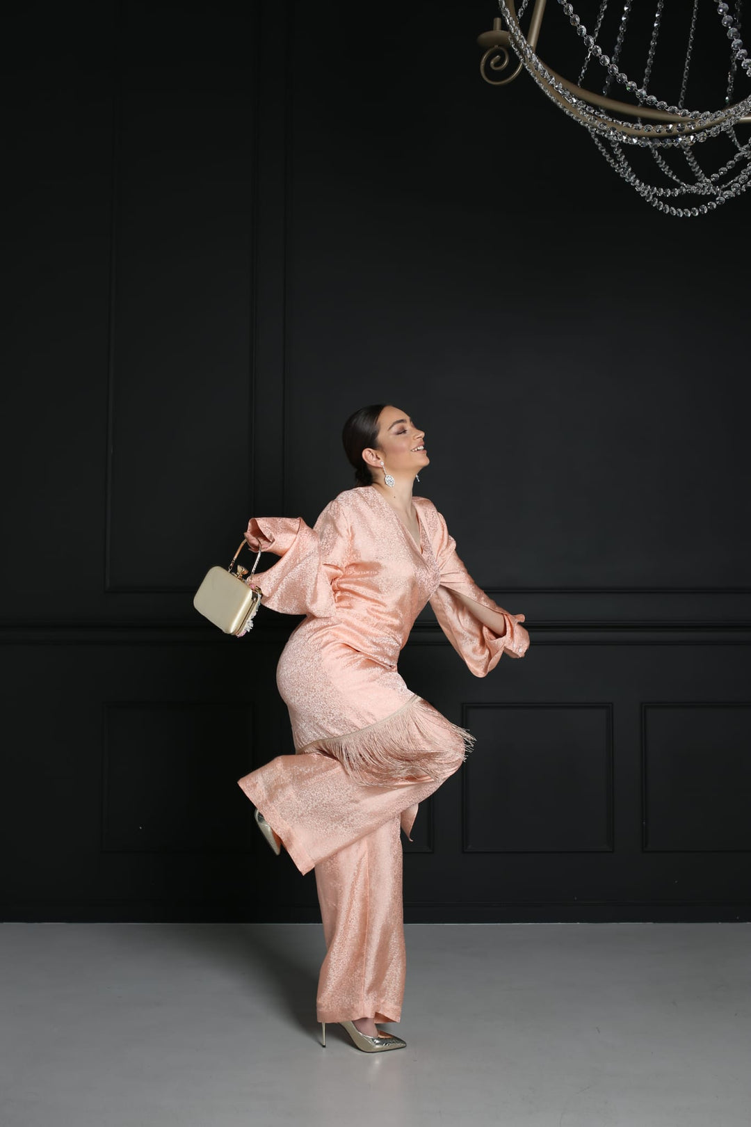 Luxury Floral Print Natural Silk Fringe Trousers Ensemble