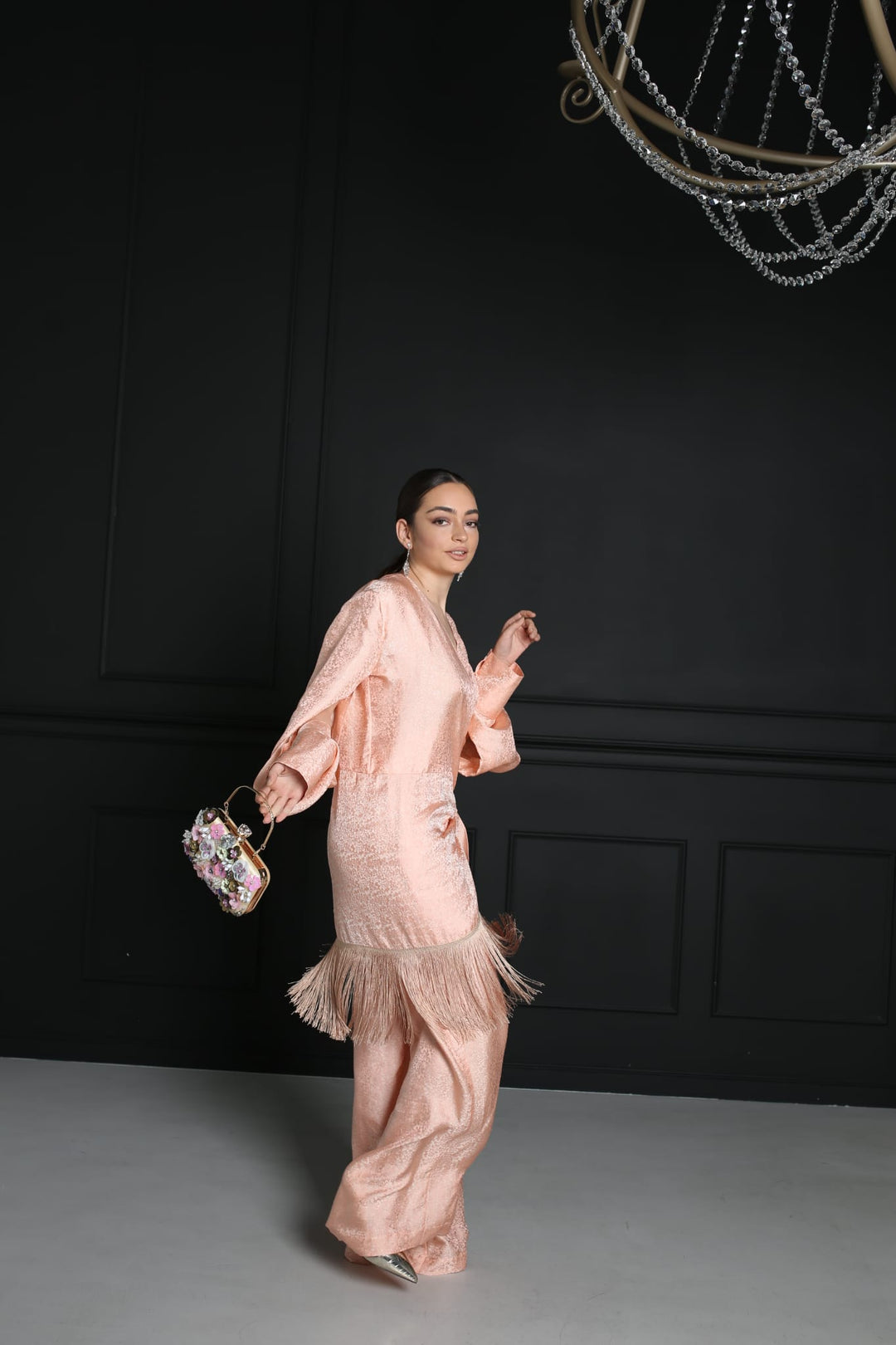 Luxury Floral Print Natural Silk Fringe Trousers Ensemble
