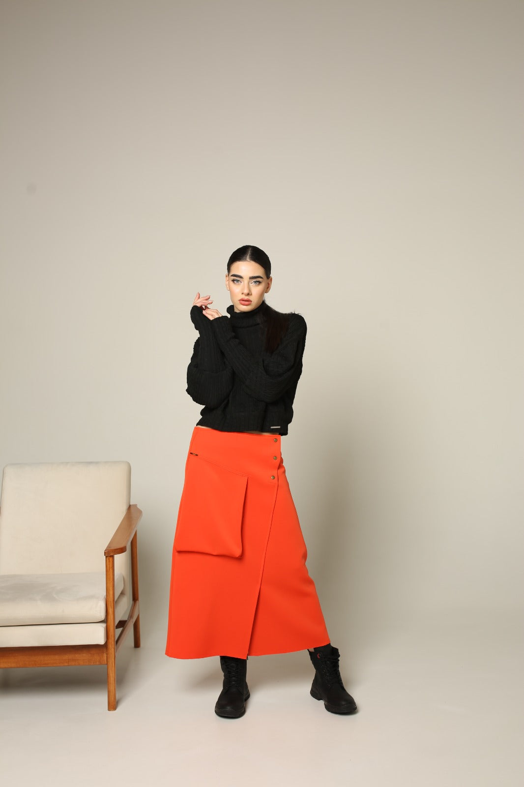 Red orange light weight space cotton luxury woven skirt with knobs