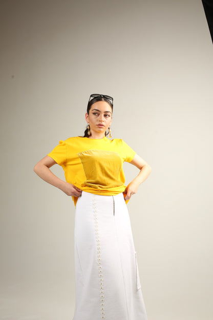 Virgin cotton heavy skirt with chamomile cotton trim